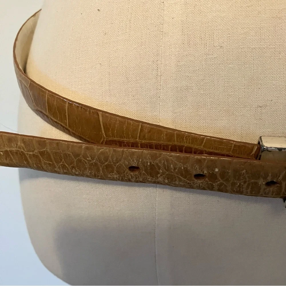VTG Lauren Ralph Lauren Women’s Croc Embossed  Belt Size L Tan Skinny Old Money